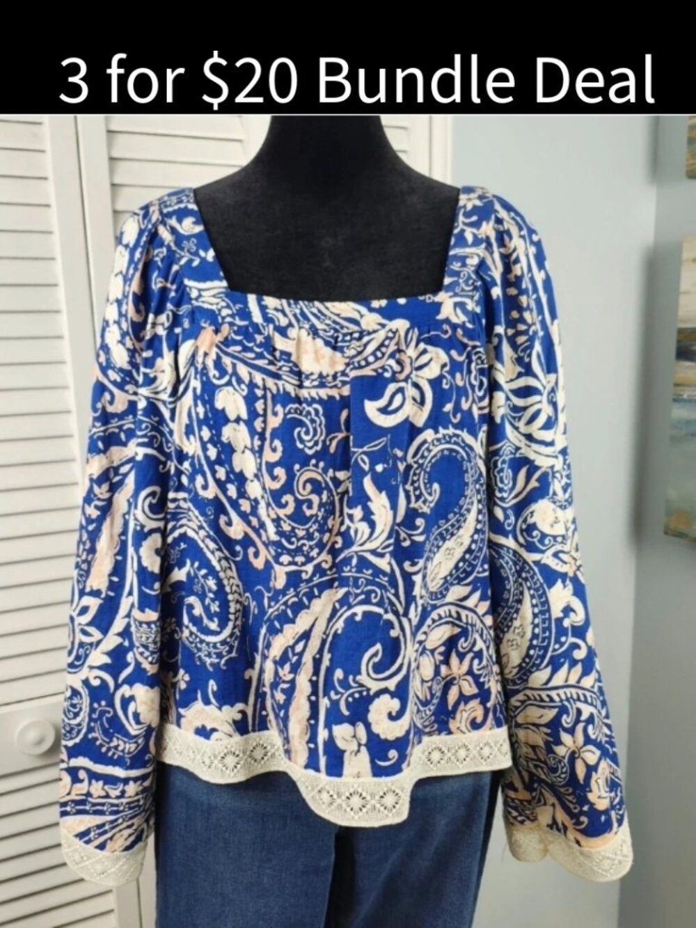 Nicole Miller Linen Top Blue Floral Bell Sleeve Lace Trim Boho Women's Small